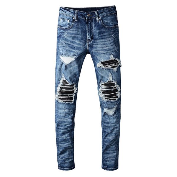 

sokotoo men's pu leather patchwork ripped biker jeans patch slim skinny stretch denim pants c1123, Blue