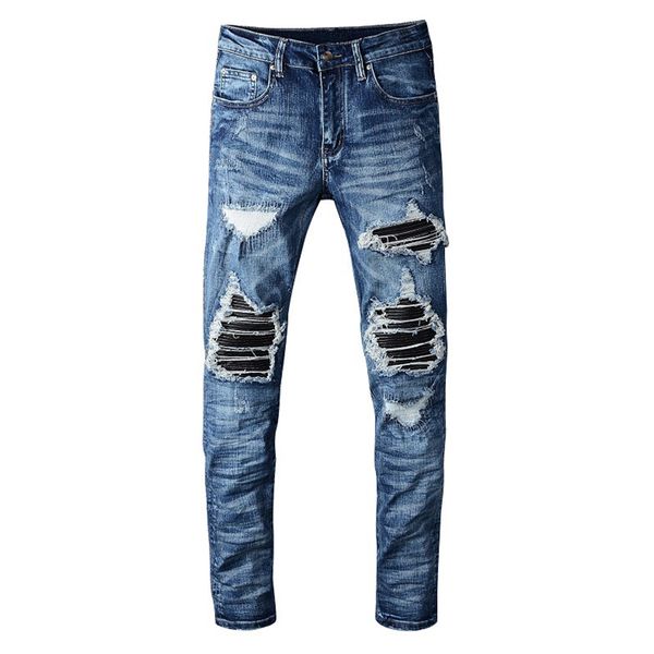 Sokotoo Herren PU-Leder-Patchwork-Jeans im Biker-Stil mit Rissen und schmaler, dünner Stretch-Denimhose C1123