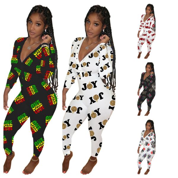 

summer spring long sleeve jumpsuit women designers pants rompers valentines mother day low v neck bodysuit fashion letters print clothg12107, White