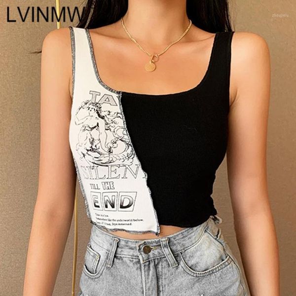 

lvinmw square collar sleeveless letter figure print crop 2020 summer women splice slim fashion tank streetwear1, White