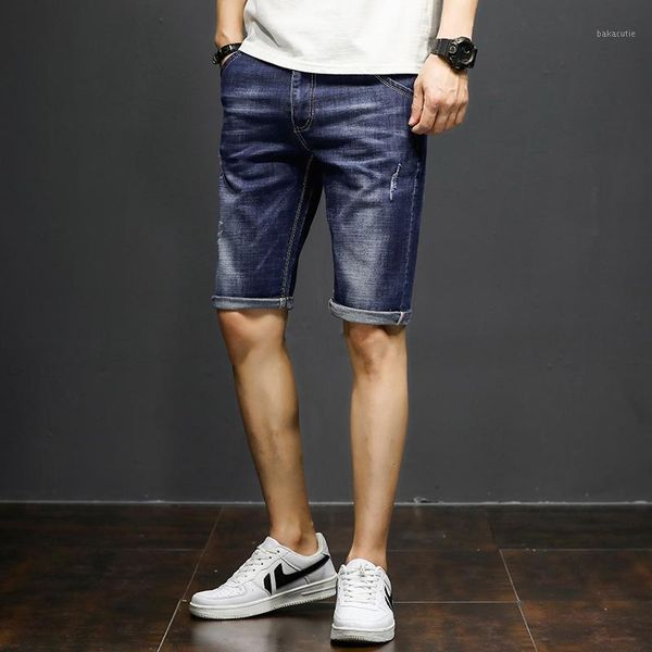 

summer new business models stretch slim shorts men's plus size cotton stretch knee length casual denim shorts size 28-361, Blue