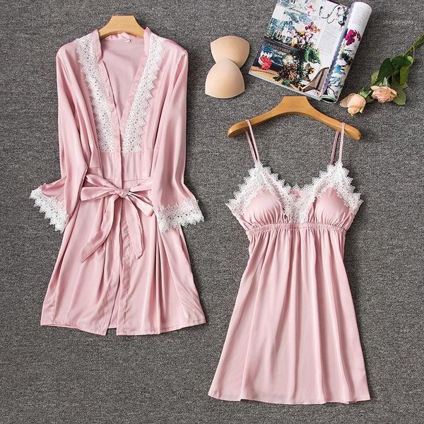 

women silk satin robe gown set full sleeve bathrobe lace nightdress charming nightwear sleepwear for summer1, Black;red