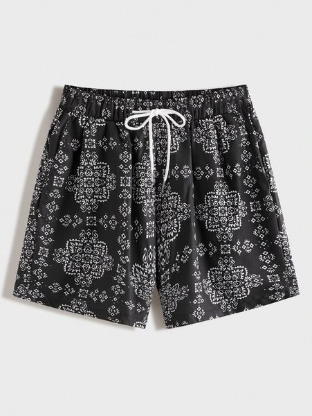 

men bandana print slant pocket drawstring shorts 81it#, Black