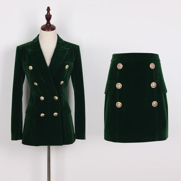 

two piece dress s-xxl 2021 autumn winter green velvet fabric double-breasted long-sleeve slim blouse + half skirt woman suit, White