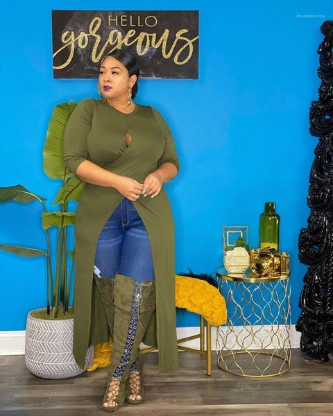 

с длинным рукавом экипаж шеи полые сплит топы дизайнер женские осень плюс размер женская одежда женская дизайнер роскошные футболки мода, White