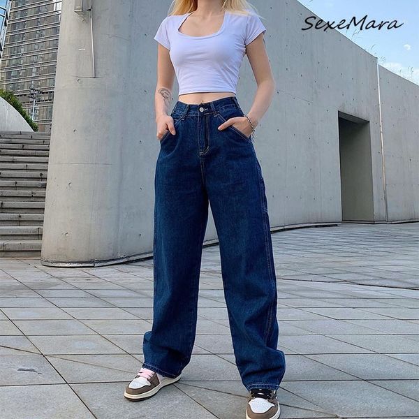 

2020 vintage fashion women jeans streetwear wide leg pants for ladies high waist pockets jeans1, Blue