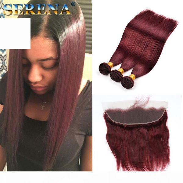 

virgin ombre hair new tone color 99j straight human hair weaves indian virgin human hair 3 bundles wine red burgundy bundles with frontal, Black;brown