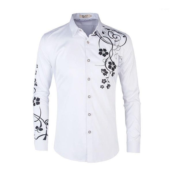 

2019 autumn men shirt long sleeve asia size s-5xl flower shirt men fashion casual mens dress shirts1, White;black