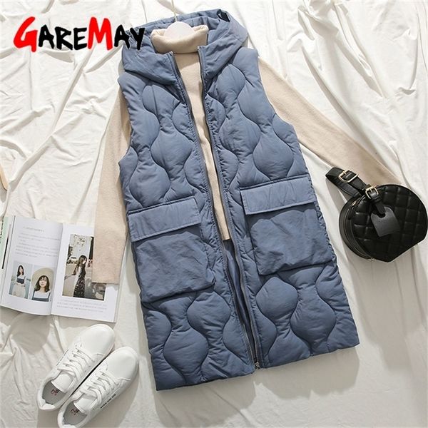 Outono e inverno novo parágrafo longo sobre o joelho colete de algodão com capuz feminino slim sem mangas para baixo vestes mulheres inverno outerwear 201214