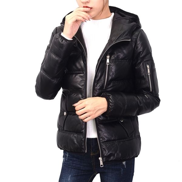 

women genuine leather jacket.winter warm thick 90% white duck down sheepskin coat,soft quality leather clothes 201030, Black
