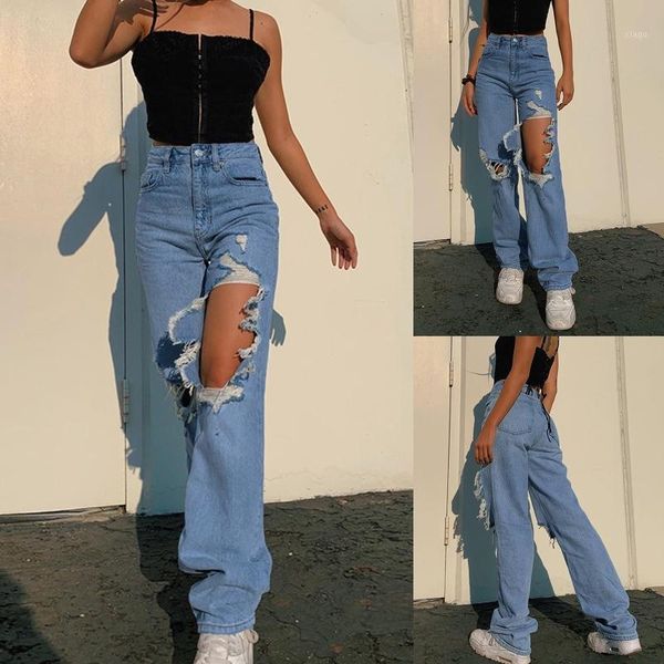 

women high waist wide leg straight jeans asymmetric ripped hole long pants harajuku hip hop casual loose denim trousers1, Blue
