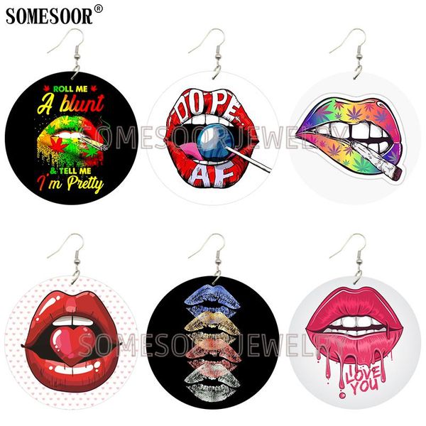 

somesoor african style open lips double sides printing wood drop fashion cute earring pendants for women, Silver