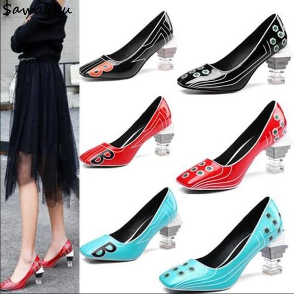 

novelty designer patent leather women pumps strange high heels square toe crystal clear heel shoes printed sapato feminino1, Black