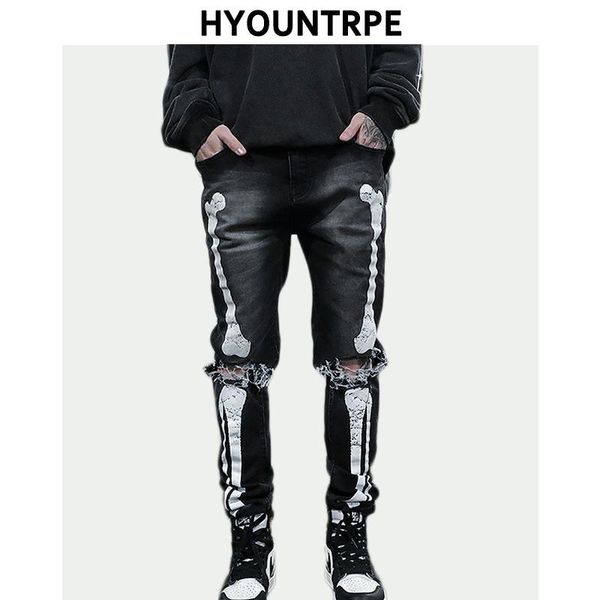 

fashion skull graffiti printed denim jeans mens knee holes slim fit zipper jeans hip hop streetwear casual joggers pants, Blue