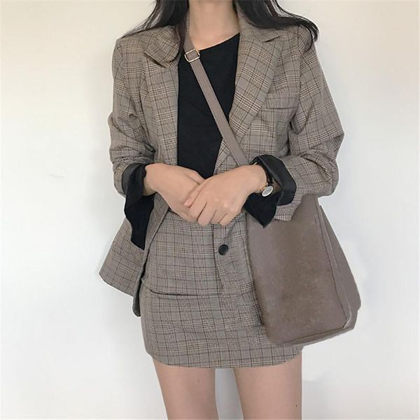

korea chic blazer coat plaid mini skirt suit jacket suit office lady jacket high waist skirt 2 piece set outfits for women, Gray