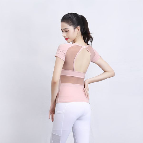 

new style suit short sleeve gathered back mesh sports fitness yoga dress female summer, Gray