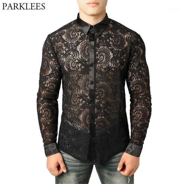 

men's mesh see through fishnet clubwear shirts slim fit long sleeve lace shirt men party event prom transparent chemise 2xl1, White;black