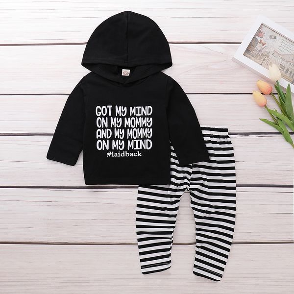 

toddler long outfits letter printed pullover hoodie+ striped pants for 0-24m baby boys girls outfits, White