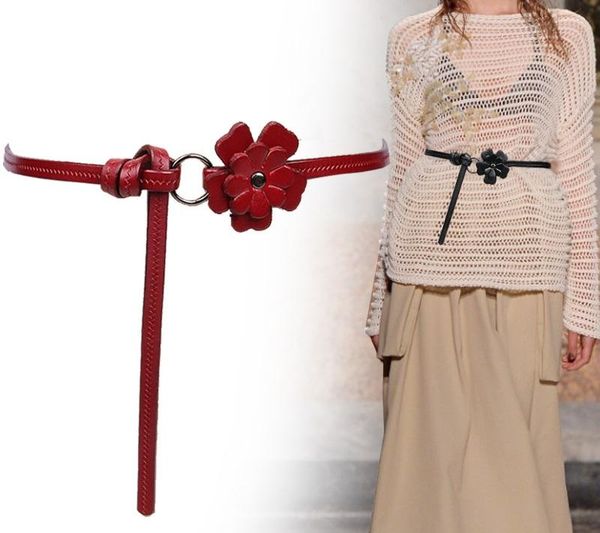 

korean style width:1cm ladies belt black/red/white narrow flower real leather belt for dress pants girdle length:105cm, Black;brown