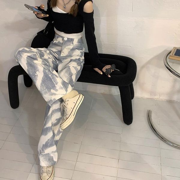 

women tie-dye blue pants casual vintage new autumn women design sense loose wide leg pants high waist straight trousers bottoms1, Black;white