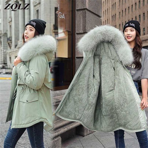 

zqlz plus size hooded fur down cotton coat female warm long parka mujer casual loose black overcoat winter jacket women 211216