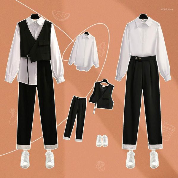 

2020 spring autumn office lady 3 piece set women pants white blouse and black vest + black pant two piece set pants f131