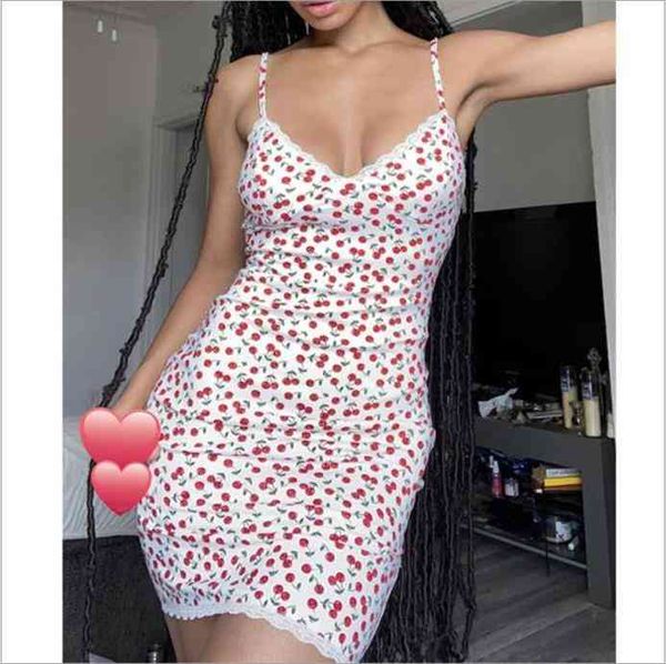 

spaghetti strap mini dress women backless dress v-neck cherry print beach dresses for ladies holiday sheath short, Black;gray