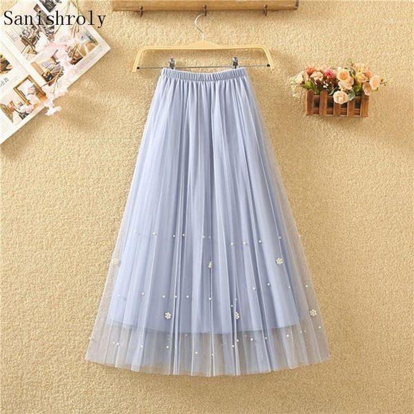 

sanishroly new sprint summer women beading mesh skirt elastic high waist pleated skirts female a-line midi long lace skirt se9221, Black