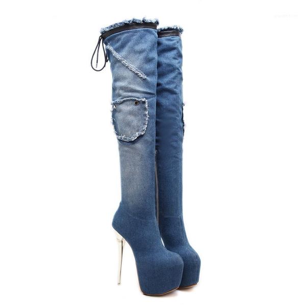 

boots bottines femme women winter shoes blue denim over knee womens fashion long 16cm heel platform high heels1, Black