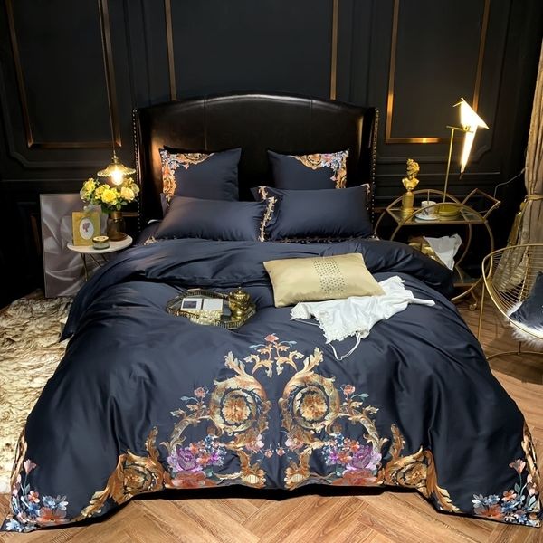 Set di biancheria da letto di lusso in cotone egiziano blu navy Ricamo Premium US Queen King size 4/6 pezzi Copripiumino lenzuolo fodere per cuscini 201119