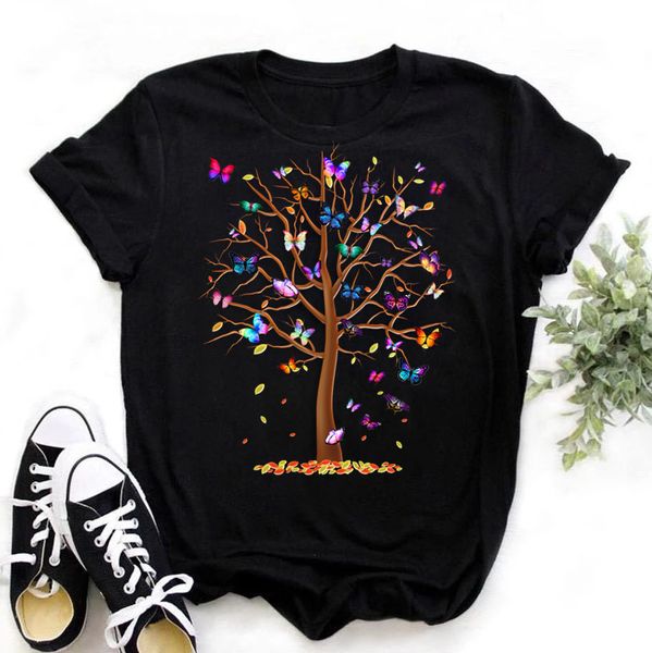 Maglietta donna farfalla albero stampa magliette estive Harajuku girocollo casual maglietta manica corta maglietta nera donna Drop Ship