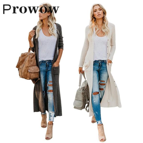 

prowow весна осень женская мода сплошной длинный вязаный свитер женский повседневная уличная одежда кнопки кардиган с длинным рукавом верхня, White