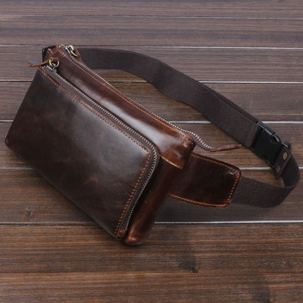 

men vintage cowhide waist bag oil wax leather cowhide cell/mobile phone hip bum belt cross body pouch fanny pack waist bag t200717