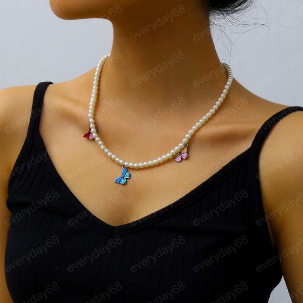 

cute pearl butterfly choker necklace women beads harajuku style collares hip hop necklace pendants, Golden;silver