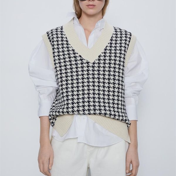 

women fashion oversized houndstooth knitted vest sweater vintage sleeveless side vents female waistcoat chic 210204, White;black
