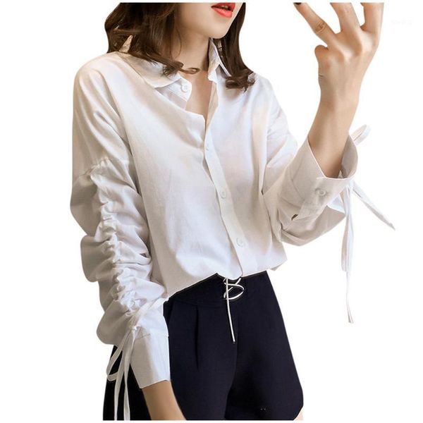 

hamboder 2020 women t-shirts fashion chiffon turn-down collar long sleeve solid button shirts long ladies t-shirt #35%1, White