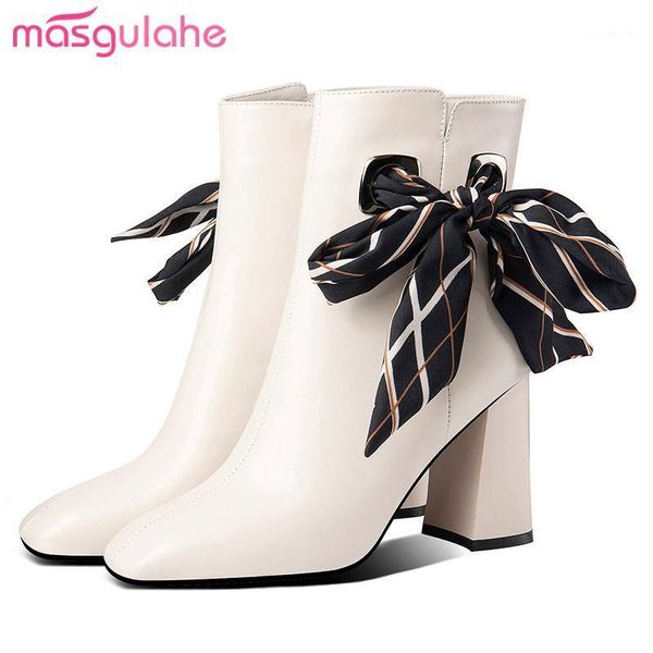 

boots masgulahe 2021 arrive leather women shoes riband ankle zipper square thick heels autumn1, Black