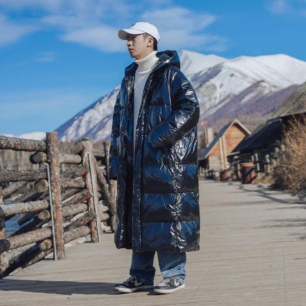 

winter down jacket men's warm fashion casual bright color hooded coat parka men loose korean oversize long coat mens clothes, Black