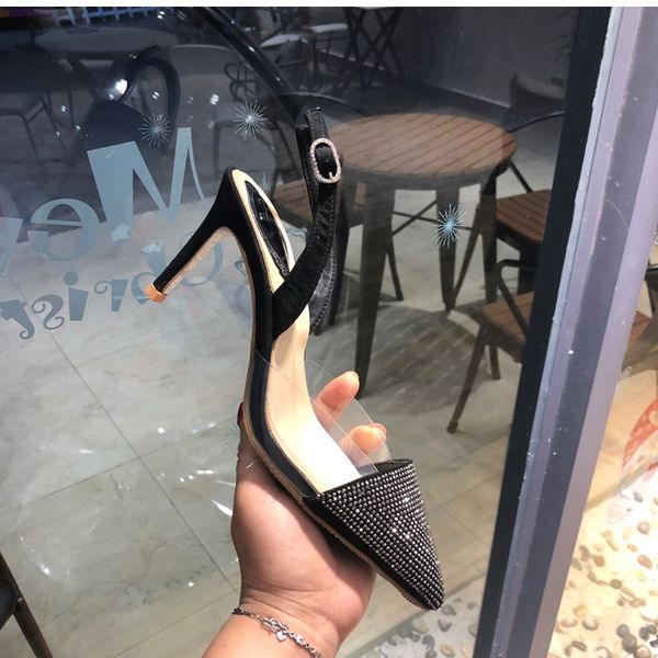

women sandals sending in fashion charge casual designer black suede straps of slingback strass high heels shoes  8 cm 6 xv17