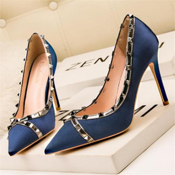 

dress shoes women's fashion rivet metal decoration satin nightclub pumps female pointed toe wedding high heels zapatos de mujer, Black