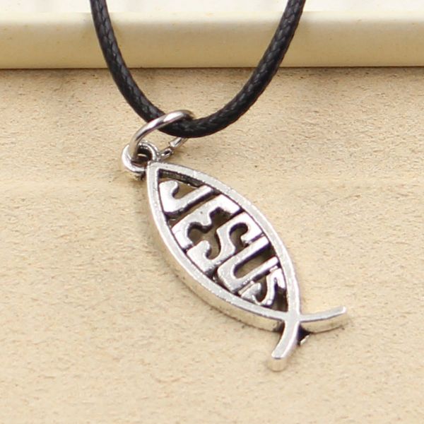 

tibetan silver color pendant fish jesus necklace choker charm black leather cord factory price handmade jewelry qp4r