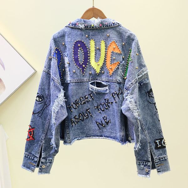 

women's jean 2020 female spring jeans outerwear short new graffiti rebite girl denim jacket jackets, Blue