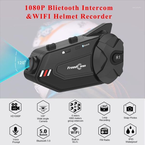 

conn motorcycle group intercom waterproof hd lens 1080p video 6 riders bluetooth fm wifi helmet headset r1 plus recorder1