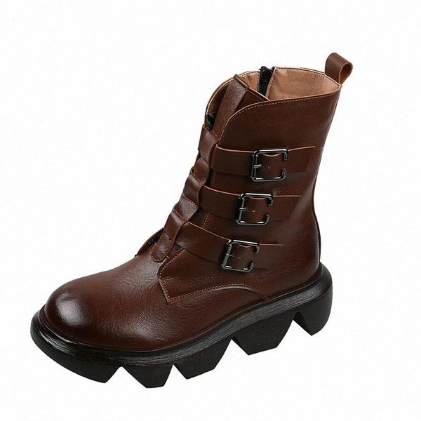 

brown boots women shoes retro round toe side zipper platform strange style heel metal buckle pu upper motorcyle boots #ey8g, Black