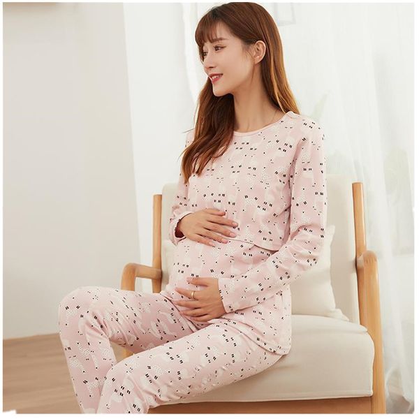 Stillen Mutterschaft Pyjamas Baumwolle Mutterschaft Pflege Kleidung für Schwangerschaft Frauen Langarm Top + Hosen Nachtwäsche Sets D0065 LJ201123