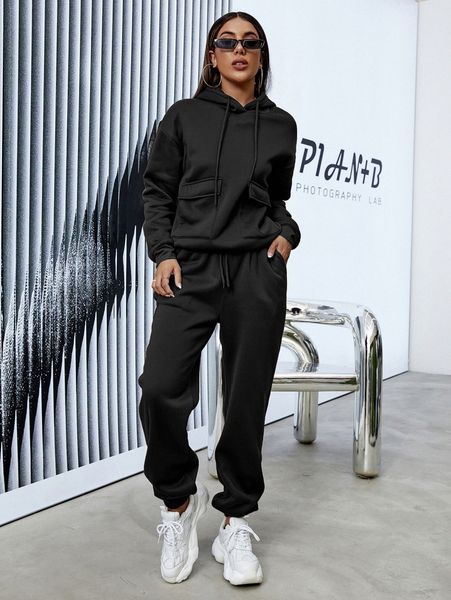 

flap pocket drop shoulder drawstring hoodie & sweatpants j0wg#, White