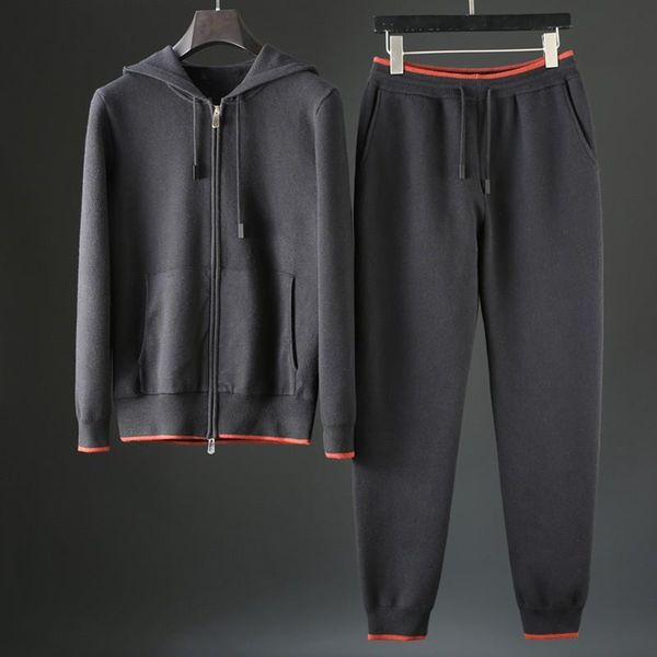 

новые шерстяные мужские костюмы (свитера + брюки) роскошная осень зима с капюшоном вязание на молнии мужские наборы мода slim fit men mens 3, Gray