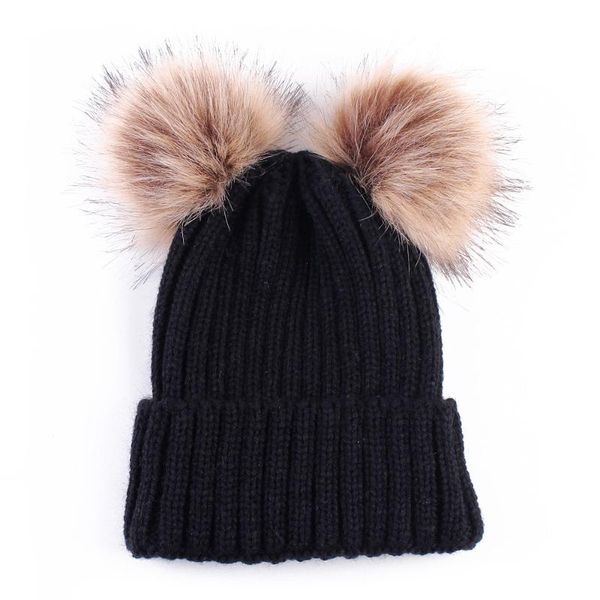 

2020 new ladies knitted double ball wool hat european and american winter ladies outdoor warm hat black wool skullies beanie, Blue;gray