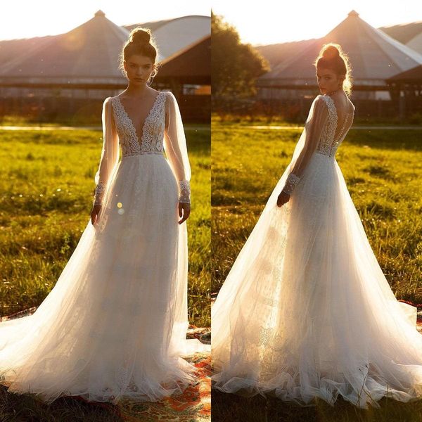 

country style a line wedding dresses deep v neck lace appliques backless sweep train wedding dress bridal gowns vestidos, White