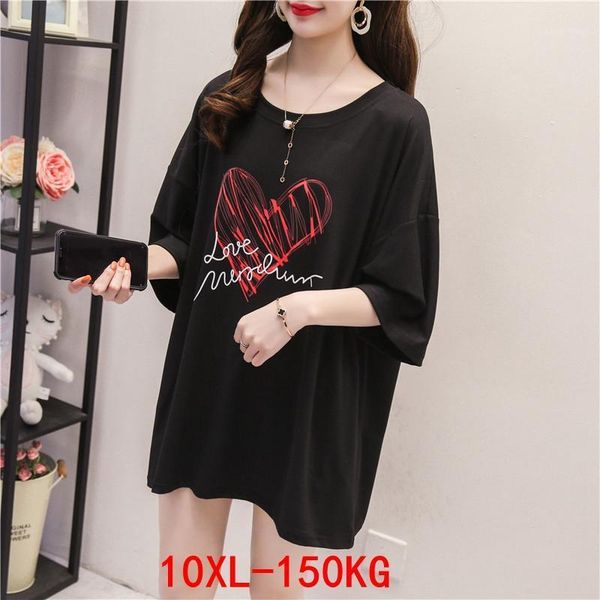 

large size women's t-shirt love large size 7xl 8xl 9xl10xl summer round neck short sleeve casual loose black big t-shirt, White